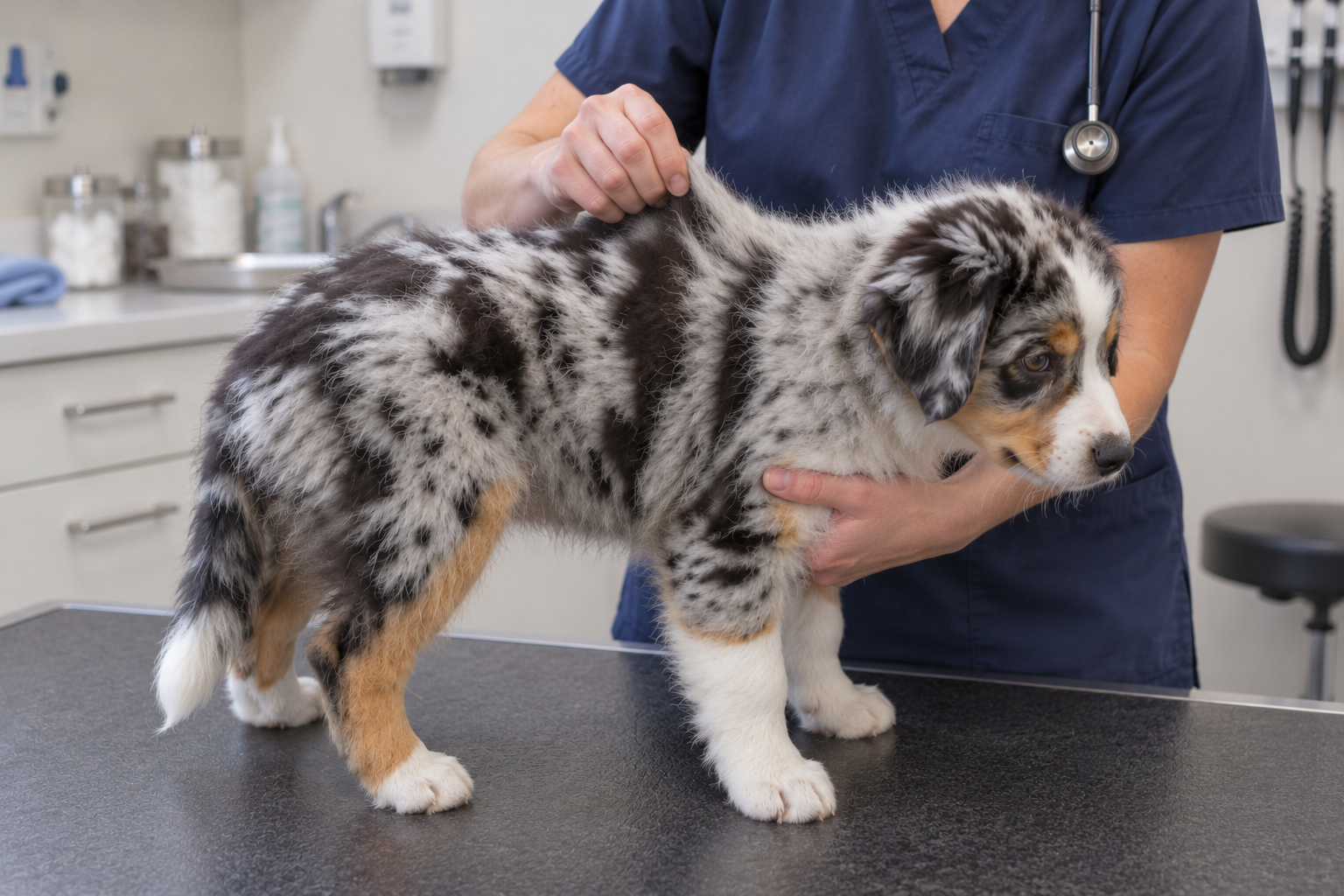 Veterinár kontroluje hydratáciu šteniatka austrálskeho ovčiaka počas vyšetrenia